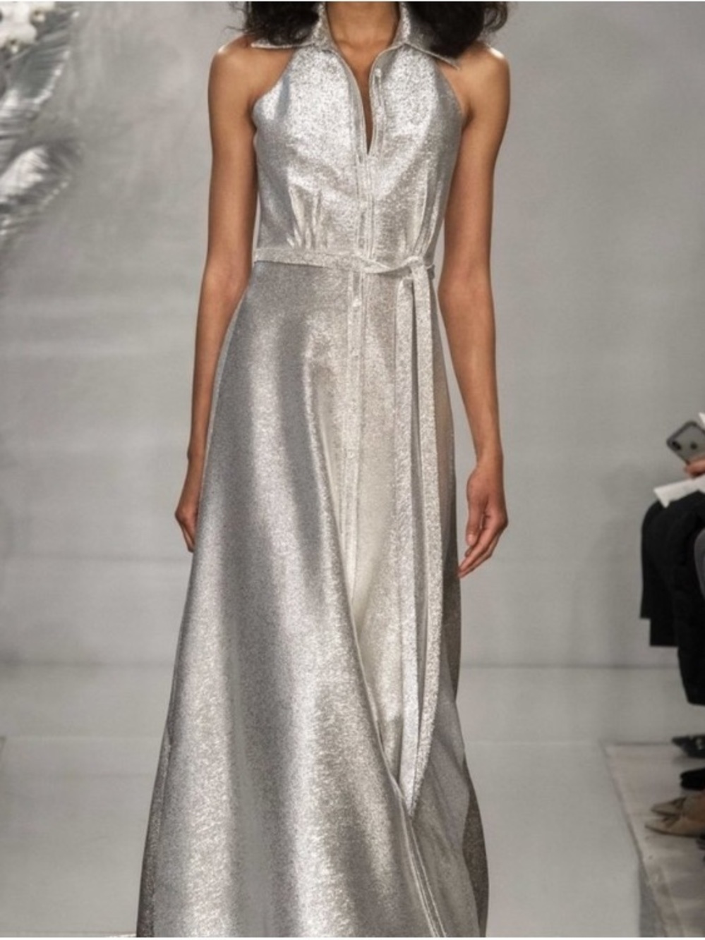 THEIA SILVER SHIMMER SILK BLEND HALTER TIE WAIST MAXI DRESS 0